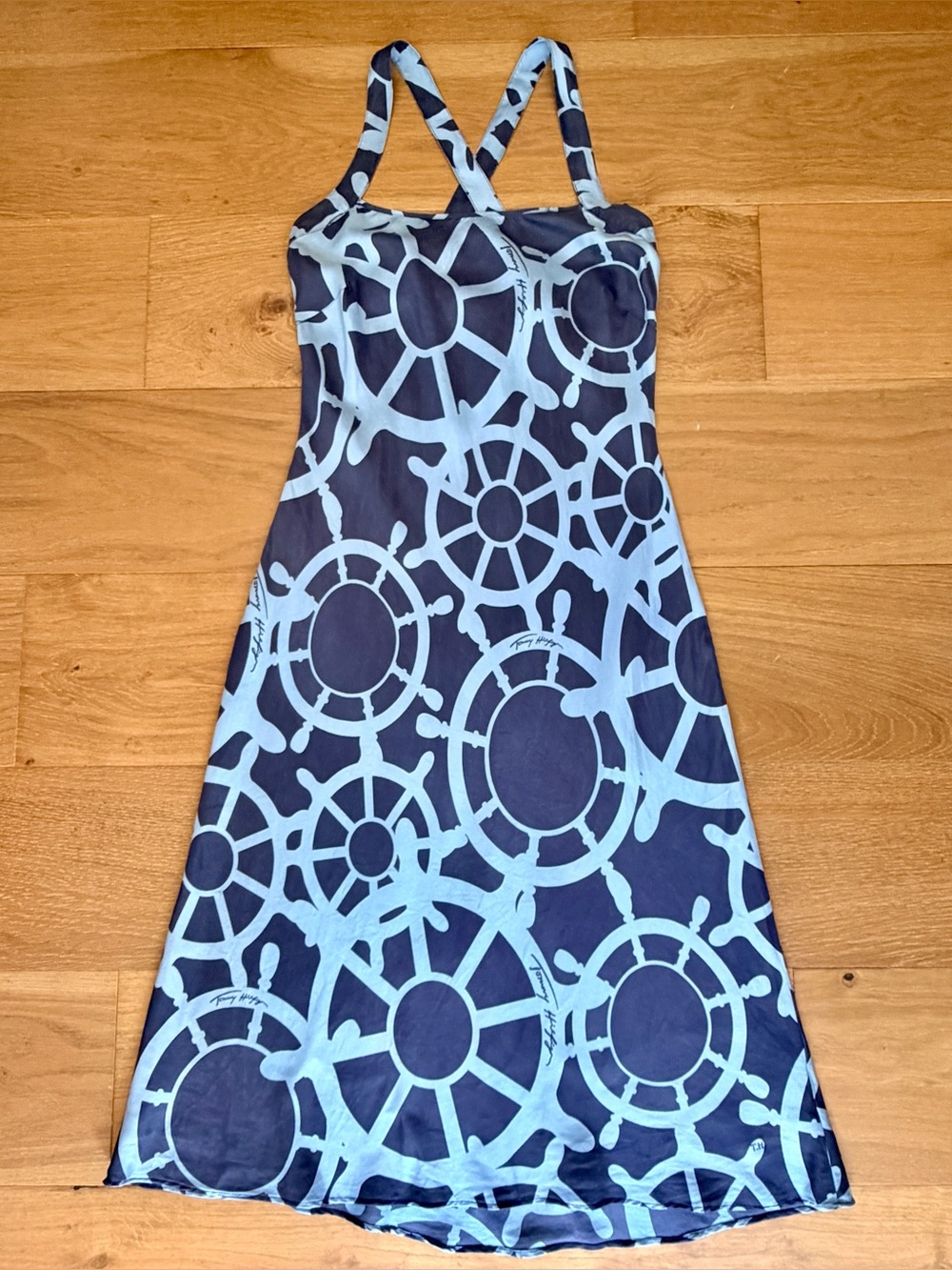 Tommy Hilfiger Preppy Silk Dress Coastal Boat Nautical Navy Crossback Strap Sz 6